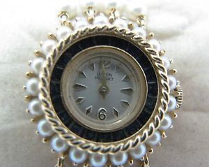 Gorgeous Vintage Pearl & Sapphire Ladies watch in 14k Gold by Lucien Piccard