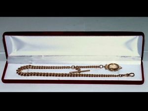 HEAVY 9CT GOLD VICTORIAN POCKET WATCH CHAIN + 9CT T BAR,CLIP & FOB. WEIGHT 56g