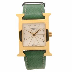 Authentic HERMES Gold Plated H Watch HH 1.201 Gold Plated / Leather QZ Watches