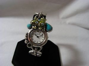 CHICO'S HAMMERED LINK ENAMEL FROG RHINESTONES WATCH OVAL/CIRCLES LINK BAND
