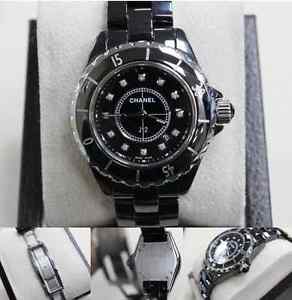 CHANEL BLACK CERAMIC J12 H1625 ORIGINAL DIAMOND DIAL 33MM QUARTZ LADIES
