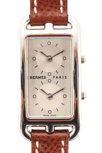 Hermes Brown Leather Stainless Steel Cape Cod Two Time Zone Watch WC8818 MHL