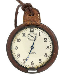 RARE Antique Movado Hermès Open Face Brown Saddle Leather Pocket Watch