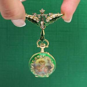 1900's GIRARD PERREGAUX ENAMEL & DIAMOND SCENE 18K GOLD PENDANT & POCKET WATCH
