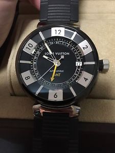 100%Auth LOUIS VUITTON LV Tambour In Black Automatic GMT Watch