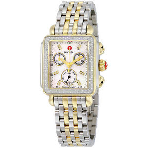 Michele Ladies MWW06P000108 Two-Tone Deco Diamond Dial Diamond Bezel Watch