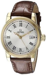Gevril Men's PARK Watch 2525 Gold IP Silver Dial Brown Leather Date