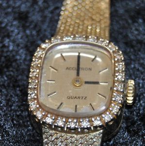 Vintage Bulova Accutron 14k Gold Watch Diamond Bezel
