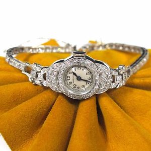 1.12cttw DIAMONDS HAMILTON Platinum Vintage Wind Up Ladies Dress Watch