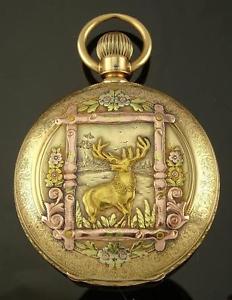 SUPER RARE ELGIN 14K FOUR COLOR GOLD ELK DECORATED HUNTER CASE POCKET WATCH 1885