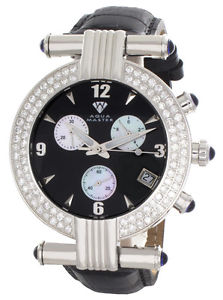 Aqua Master Mens Chrono Black Dial Black Leather Band Diamond Watch W#93_5