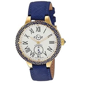 New GV2 by Gevril Women's 9123 Astor Enamel Diamond Gold IP Blue Leather Watch
