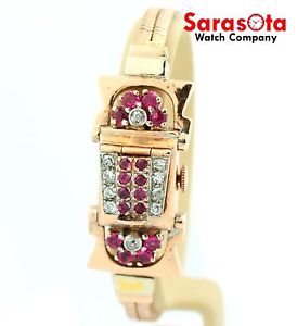 Vintage La Marne Pink Tourmaline/Diamond 14K Rose Gold Quartz Women's Watch