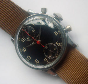 50s Gallet Two Registers Top Down Black Gilt Dial Steel Chronograph