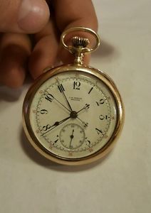 CH Meylan 14K Gold Split Seconds Chronograph Rattrapante  Pocket Watch 47mm