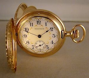 ANTIQUE LADY WALTHAM 14k SOLID GOLD HUNTER CASE FANCY DIAL POCKET WATCH 1903'