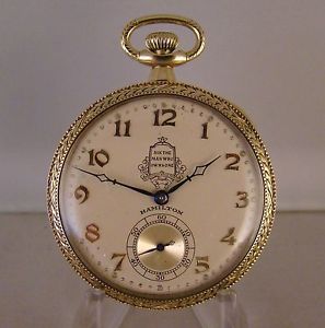 ANTIQUE HAMILTON 920 23j 14k SOLID GOLD OPEN FACE POCKET WATCH WITH BAKELITE BOX