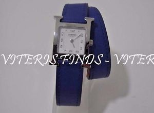 Auth NEW Hermes H Hour Heure PM Royal Blue Leather Double Tour Watch HH1.210