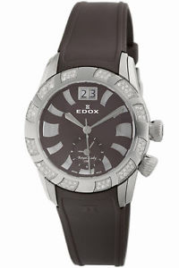 Edox Womens 62005 3D80 BRIN Royal Lady Brown Dial GMT Diamond Rubber Wristwatch