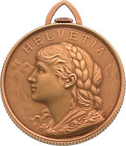Gold Pocket Watch Swiss Gold Coin Form Watch Raised Relief of Helvetia