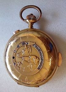 Swiss Carillon Repeater Hunter Dogs Pocket Watch 18K Gold Repetition Milan 1906