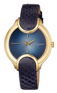 Ferragamo Women's FIZ120015 Signature Gold IP Steel Blue Leather Wristwatch