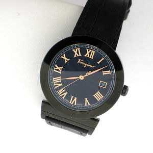 SALVATORE FERRAGAMO MENS DESIGNER WATCH GRANDE MANISON BLACK SWISS LEATHER