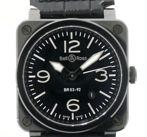 Pre-Owned Bell & Ross Black Ceramic/Leather/Dial Mens Automatic Watch BR03-92,MR