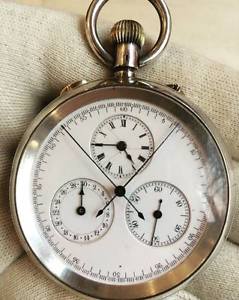 Antique Silver Split Second Chronograph Rattrapante Pocket Watch Horse Racing