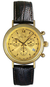 Lucien Piccard 14kt Gold Chronograph Mens Swiss Watch Leather Strap LP04732