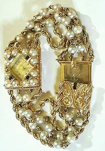 Hamilton/Hilton Vintage 14K Gold Watch/Band Pearls+Sapphires,37 grams!