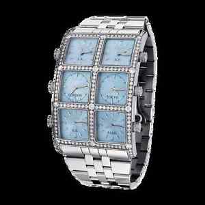 IceLink Blue Metallic 6 Time Zone Ambassador Big Case 5.25ct Diamonds Watch