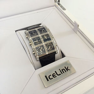 IceLink Senator Sunny 6 Time Zone Small Case Black Dial 1.25ct Diamond Watch