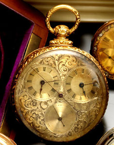 RARE 18K GOLD PEEKSKILL HARBOR SCENE CASE TRIPLE DIAL M.J. TOBIAS POCKET WATCH