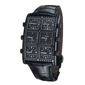 IceLink Black PVD 6 Time Zone Senator Small Case 3.50ct Black Diamond Watch