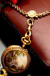 VICTORIAN 18K GOLD ENAMEL MINIATURE SMITH & SON PENDANT WATCH WITH CHAIN CA1880s