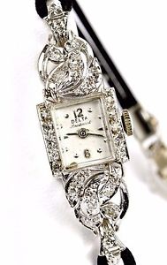 Art Deco 14k White Gold Gotham Delta .50ctw G/H SI1/VS2 Diamond Black Cord Watch
