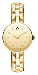NEW! Movado Sapphire 0606816 Gold Dial Gold Plated Stainless Steel Womens Watch