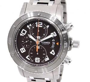 Pre-Owned HERMES Clipper Chrono CP2.941 Men's SS Automatic Black Dial Watch, MD