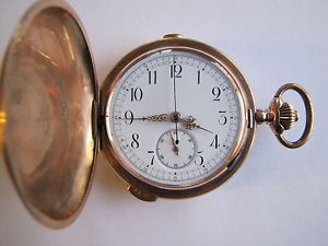 14 ct QUARTER REPEATER HUNTER POCKET WATCH WITH  STOP WATCH BUTTON