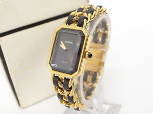 Auth CHANEL Premiere Watch Quartz Black Gold Tone Leather 20130275400 J066X