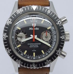 VINTAGE Nivada Chronoking Aviator Diver Chronograph 38mm Mens Watch Valjoux 234