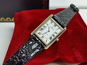 14k Solid Yellow Gold MOVADO TANK Quartz Mens Rectangular Thin Watch Black Band