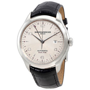 NEW Baume and Mercier Clifton Cream Dual Time Black Leather Mens Watch 10112 FS!