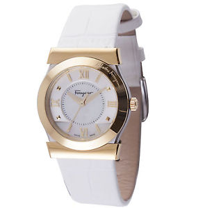 Ferragamo Women's FI1960015 Vega Gold IP MOP Dial White Leather Wristwatch