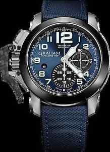 GRAHAM CHRONOFIGHTER, S-STEEL W/CERAMIC BEZEL, BLUE DIAL, BLUE CANVAS BAND, 47MM