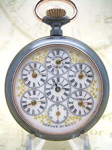 WORLD TIME 6 ZONES GUN METAL POCKET WATCH - NEAT!