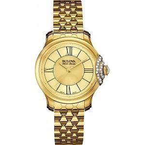 Bulova Accu Swiss Bellecombe Women's Quartz Watch with Yellow Dial Analog... NEW