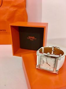 Auth. Hermes  H Watch, Diamond & Mother Of Pearl Face w/White Calf Leather Strap