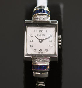 14K SOLID GOLD +Bracelet 40s ELBON LADY SWISS WATCH SAPPHIRES DIAMONDS